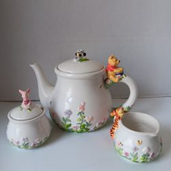 Disney Simply Pooh Tea Pot, Sugar Bowl & Creamer Set.  Floral Tigger And Piglet