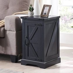 E323+E323 $100 set of 2 Nightstand with Charging Station, Rectangular Farmhouse End Table with Barn Door and Adjustable Storage Shelf, 17" Deep Wood