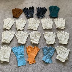 Gloves, industrial, lot of 19 pairs, all new.  Industrial 100% cotton work gloves,  12 pairs. Leather welders gloves, 1 pair. Leather work gloves, 1 p