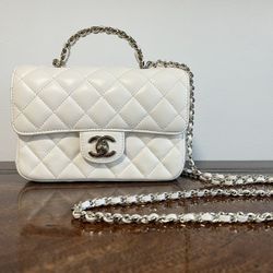 Lambskin Quilted Mini Crystal Top Handle Rectangular Flap White