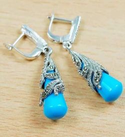 925 Sterling Silver Marcasite Turquoise Earring , size 3.5 cm