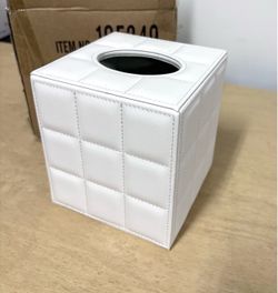 New White Square PU Leather Cube Tissue Box Cover with Magnetic Bottom,Grid