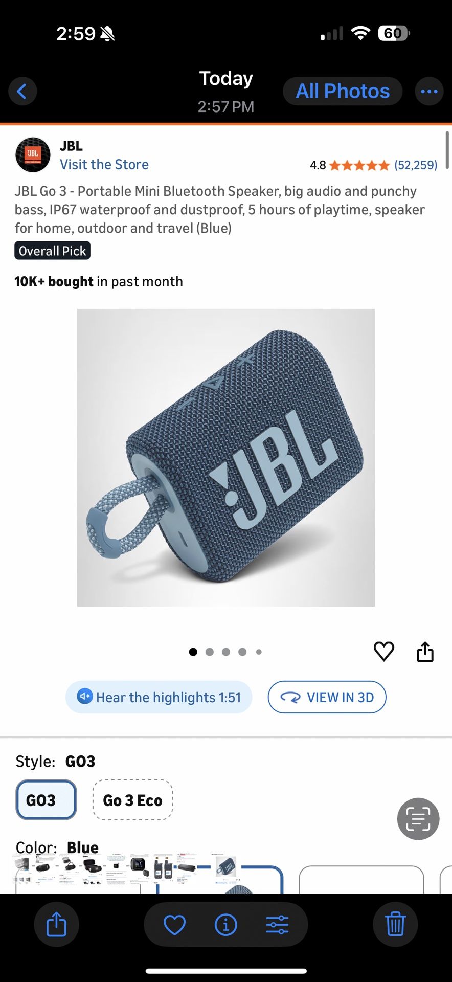 JBL Go 3 - Portable Mini Bluetooth Speaker, big audio and punchy bass, IP67 waterproof and dustproof, 5 hours of playtime, speaker for home, outdoor a