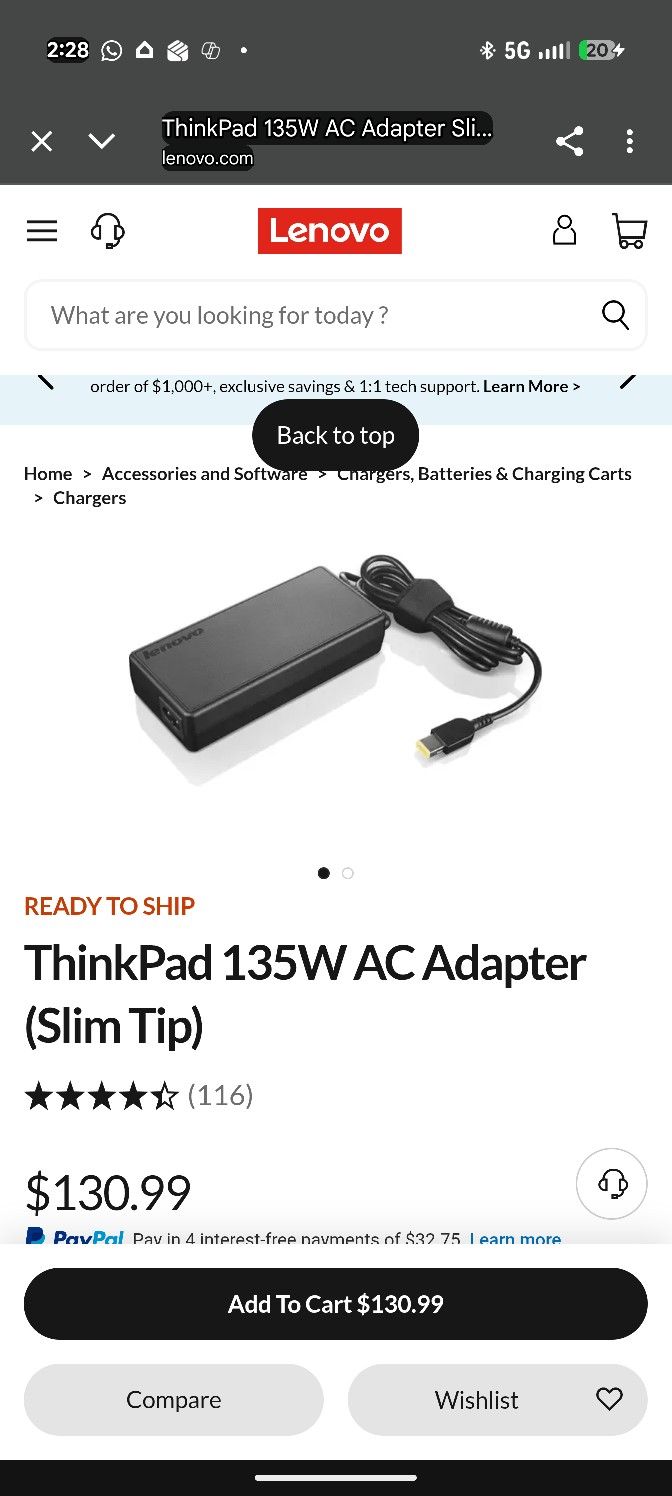 Lenovo ThinkPad 135W AC Adapter (Slim Tip) – Excellent Condition