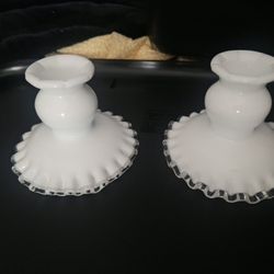  vintage Fenton Silver Crest milk glass candlestick holder