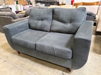 Modern Dark Grey Loveseat with Curved Sides and Tapered Cherry Finished Feet
