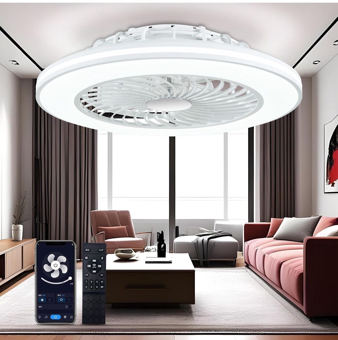 Brand New 24” Low Profile Bladeless Ceiling Fan With Lights And Remote Control