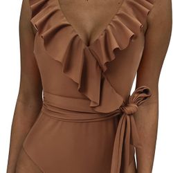 Women One Piece Swimsuit V Neck Ruffle Tummy Control Monokini Bathing Suit