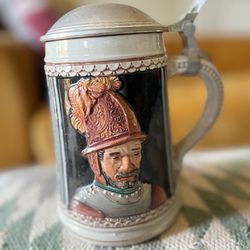 Vintage German Style Beer Stein With Pewter Lid Ceramic Mug  Knight Numbered 