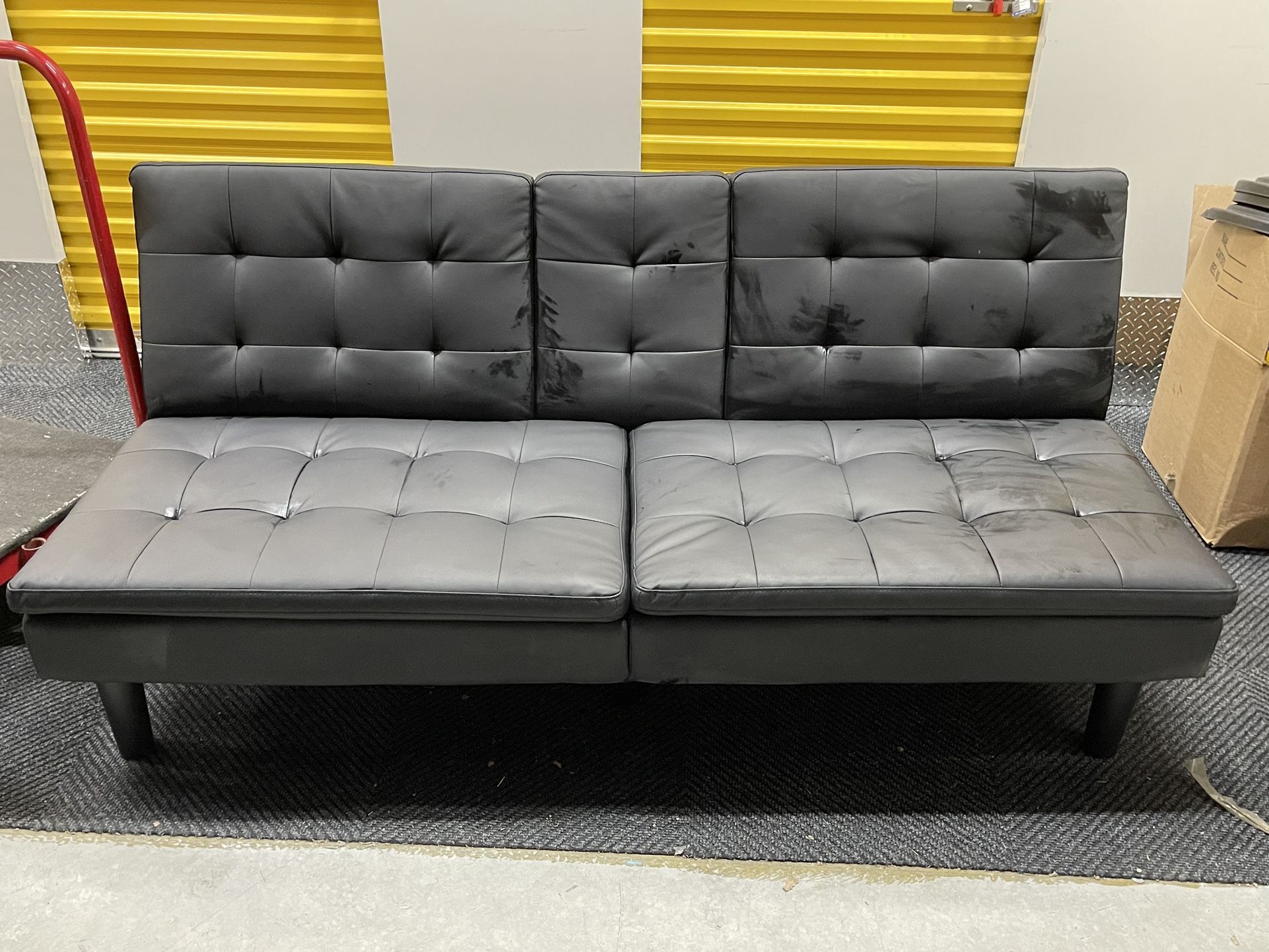 3 Mainstays Memory Foam PillowTop Futon with Cupholder, Black Faux Leather