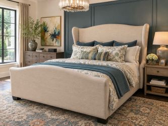 Custom King Wingback Scroll Arm Upholstered Bed Frame | Oatmeal Beige Linen Blend Fabric