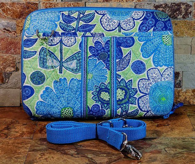 Mini - I-Pod / Laptop Carry Case • Doodle Daisy Pattern • Padded Quilted Case With Long Strap • Blue / Green Floral   • 