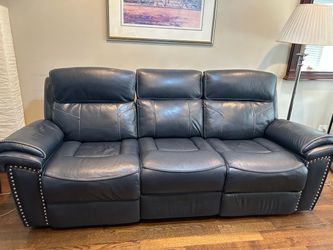 100% Leather Navy Blue Reclining Sofa