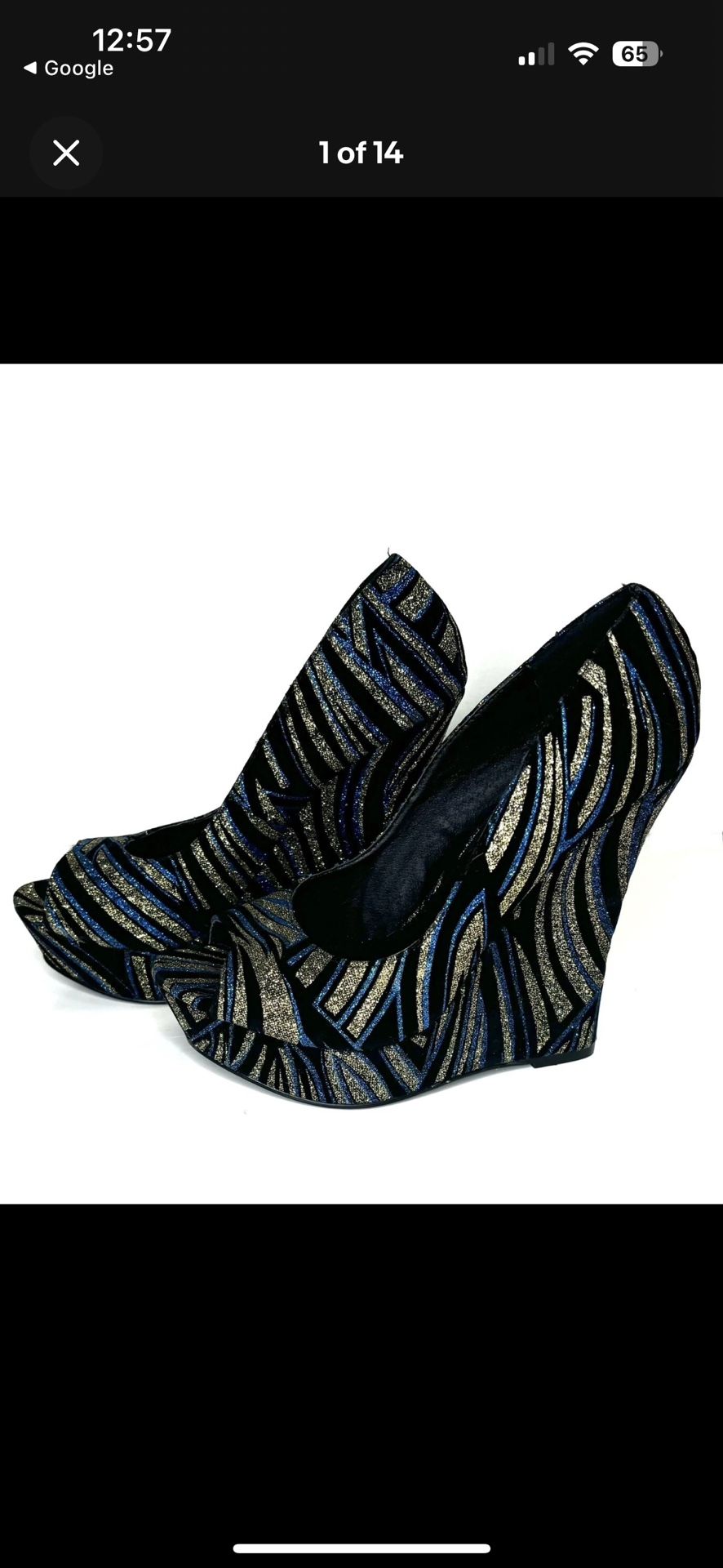 Shoedazzle Women’s High Heel Wedge 7.5 Blue Black Shimmer Glitter