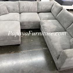 New! Light Gray Fabric Sectional And Ottoman Set, Living Room Small Space Furniture, Modern Couch, Grey Ivory Beige White Cream Saving SALE Apartment