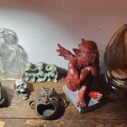 Vintage Gargoyles  Antique Glass Bottle  Brass ash Tray  Skull 