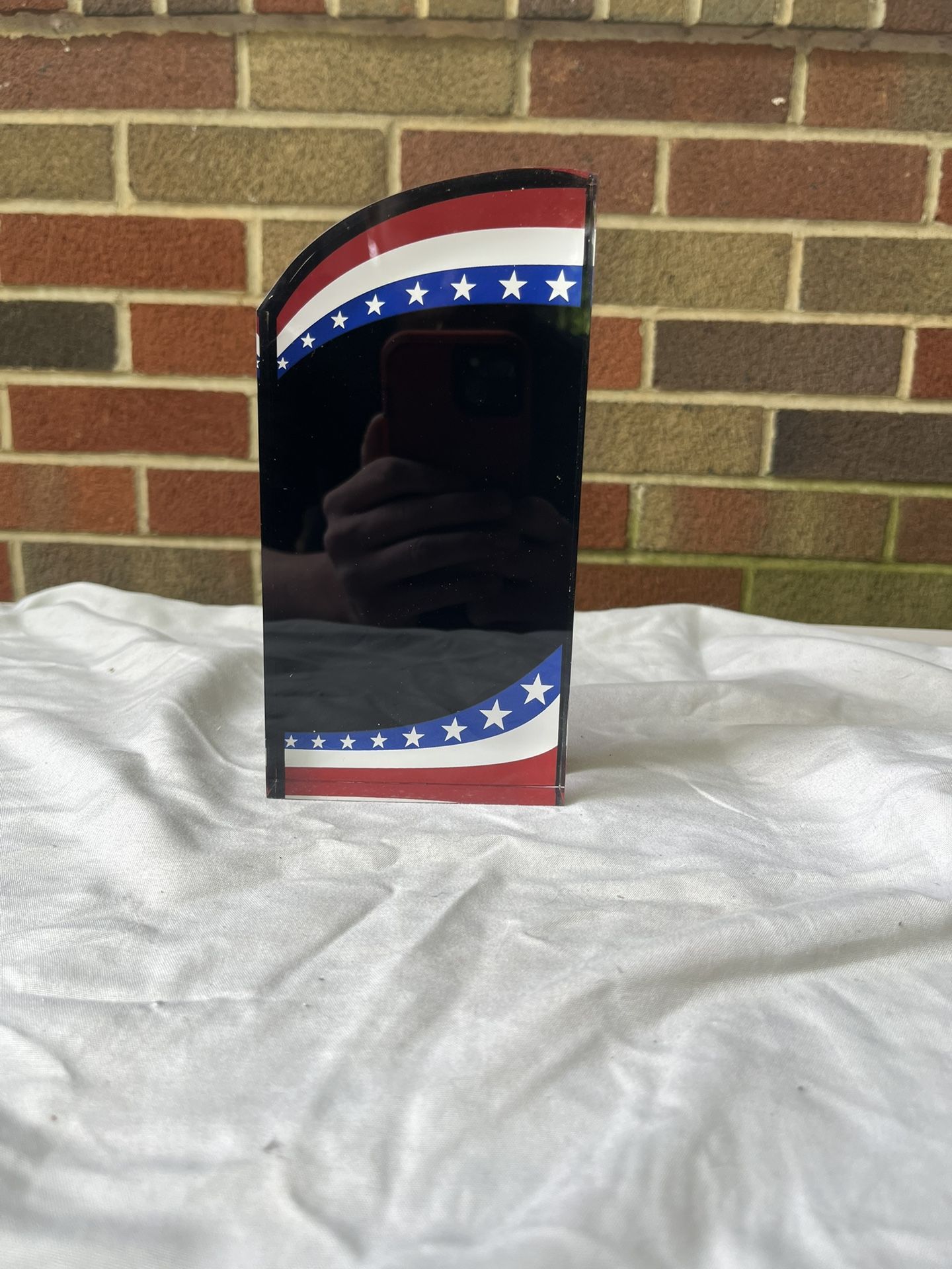 Patriotic Acrylic Award Plaque – Self-Standing | 3.5” x 6” x 1” Thick $35 engraved (Retails for $60)
