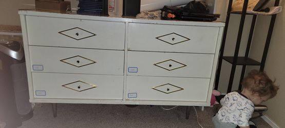 Genuine Mid Century Dresser Tv Stand Or Buffet Cream Gold And Silver
