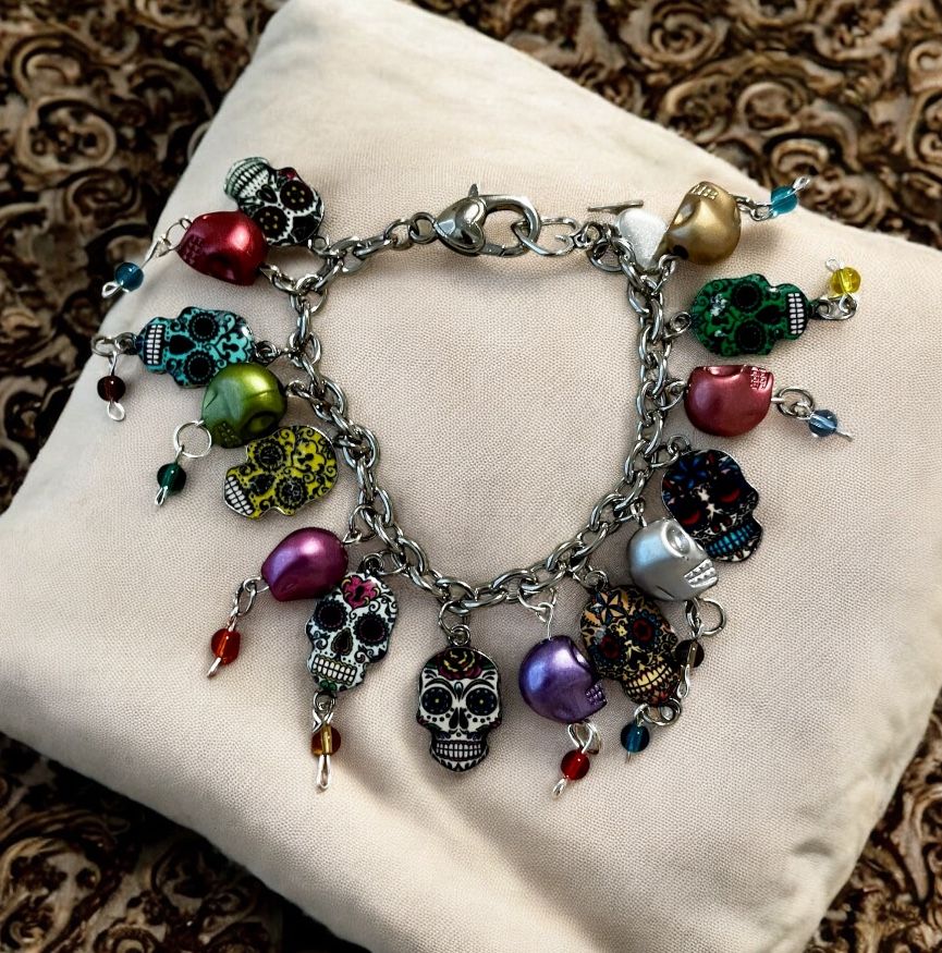 Handmade Colorful Sugar Skull Charm Bracelet With A Rainbow Of Glass Beads Dangling From The Skulls