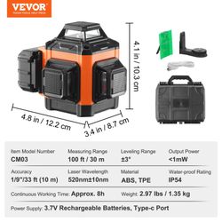 100ft Self Leveling Laser Level, Manual Green 3 x 360° Cross Line Laser, Manual Self-leveling Mode & IP54 Waterproof 8h Continuous Working Time Line L