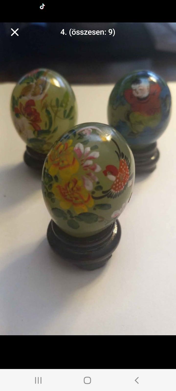 Set of 5 Vintage Chinese Reverse Painted Glass Eggs with Wooden Stands – Handcrafted