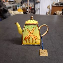 Charlotte Di Vita Miniature Copper "Acacia" Giraffe Teapot, Hand-painted In Enamel W/Certified Original Brass Tag Edition #151 SEE DESCRIPTION