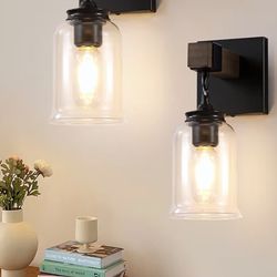 Farmhouse Bathroom Light Fixtures, 2 Light Matte Black Bathroom Vanity Light, Industrial Style with Clear Glass Shades, Lighting Fixtures Over Mirror 