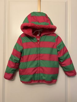 Hanna Andersson pink/green stripe reversible sherpa jacket 90 (3T) VGUC