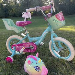 14” Toddler / Child Bike -  Bell / Rear Doll Seat / Front Basket  / Training Wheels & Unicorn Helmet Included 