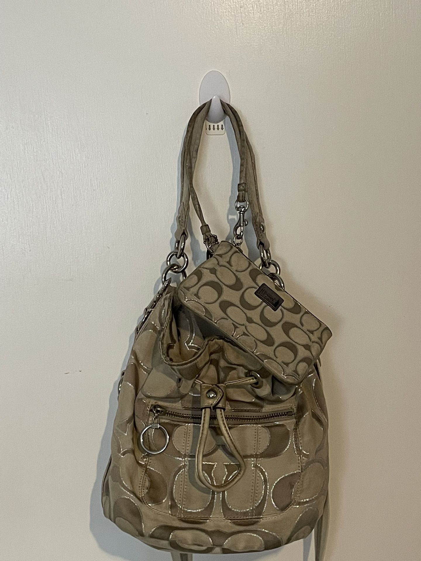 Khaki And Silver Authentic Coach Purse And Wristlet