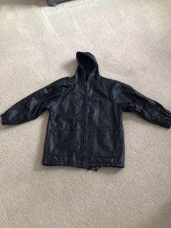 Black 100% Leather Women Small Izzi Zip-Up Hooded Jacket Shoulder Pads Drawstring Bottom
