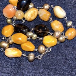 Carnelian, Amber, And Yellow Calcite / South Sea Golden Ringed Pearls  Necklace 