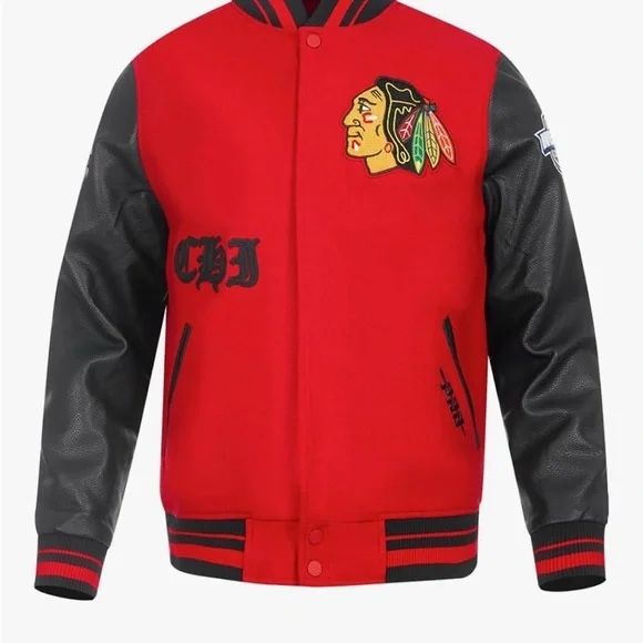mens nhl old english varsity jacket (large, red/black)