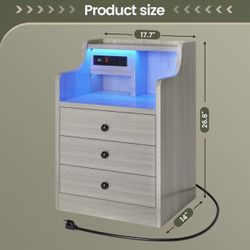 🥨1Pcs Nightstand with Charging Station and LED Lights,Night Stand with Hutch,Bedside Table with Drawers,Modern Side Tables Bedroom,Grey