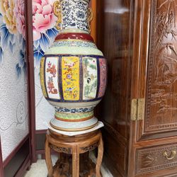 35" antique qing dynasty qianlong mark Porcelain famille rose double ear vase