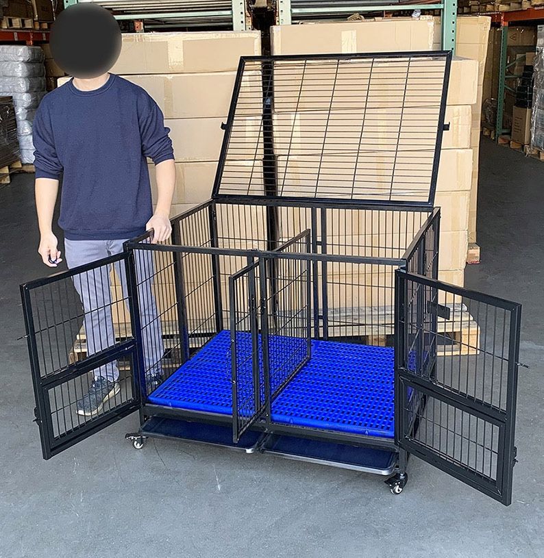 $190 (New in box) Folding heavy duty dog cage 41x31x34” double-door stackable kennel w/ divider, plastic tray 