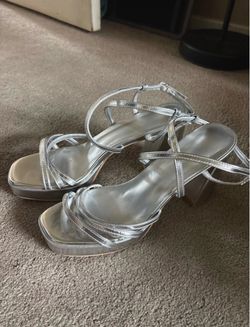 Silver Strappy Platform Block Heel Sandals