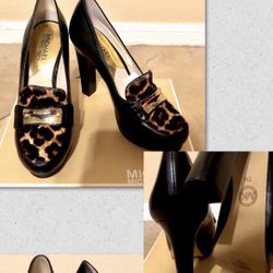 Micheal Kors Cheetach & Gold plate-penny loafer heels NEW with Box Size 7 -77064 Area Code 