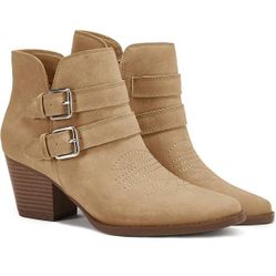 Women's Size 6 Side Zipper Ankle Boots Chunky Stacked Low Heel V Cut Out Pointed Toe Booties