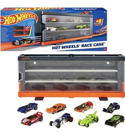 (NEW) Hot Wheels Race Case with 8 Toy Cars, Interactive Display & Storage for 12 1:64 Scale Vehicles, Connects to Track