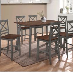 7PC ANTIQUE GRAY Wooden Counter Height Dining Table 
