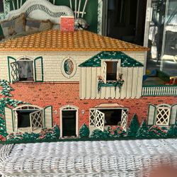  Vintage Tin Lithograph Doll House By Karl Marx  2 Story & 5 Rooms & Original Furniture Etc
