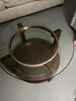Contemporary Glass Top Coffee Table – Espresso Wood & Bronze Accent
