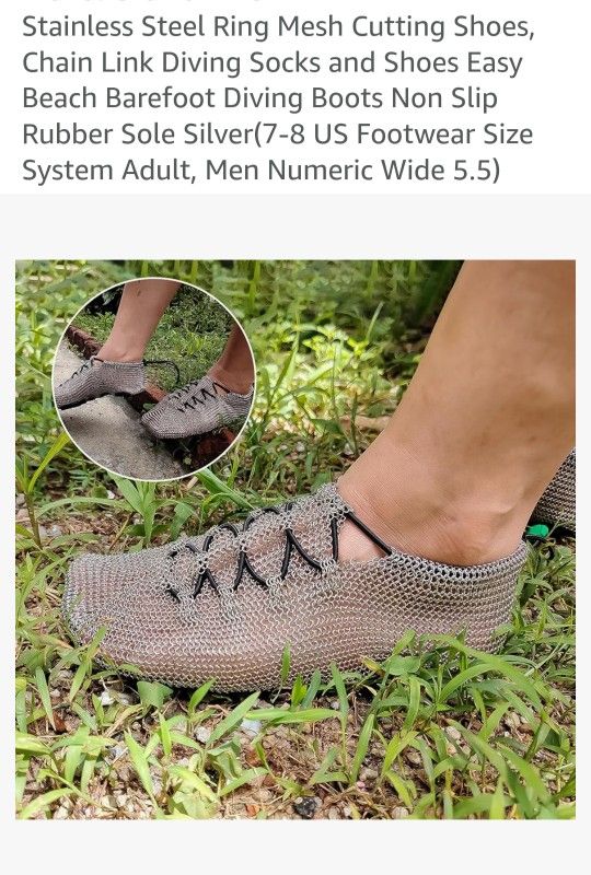 Stainless Steel Ring Mesh Cutting Shoes, Chain Link Diving Socks and Shoes Easy Beach Barefoot Diving Boots Non Slip Rubber Sole Silver(7-8 US Footwea