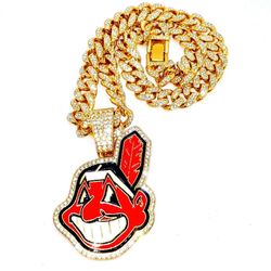 CLEVELAND INDIANS GEM NECKLACE Gold Hip Hop MLB Bling Pendant & 20" Chain