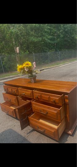 Sumter solid wood long dresser with big drawers. Drawers working well