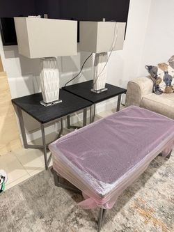 3 SLATER TABLE SET WITH DOUBLE LAMPS