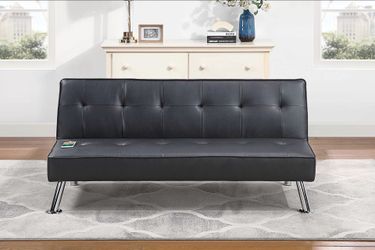⚽️ Sofa Futon,  Black Faux Leather, USB Ports,  New in the Box.