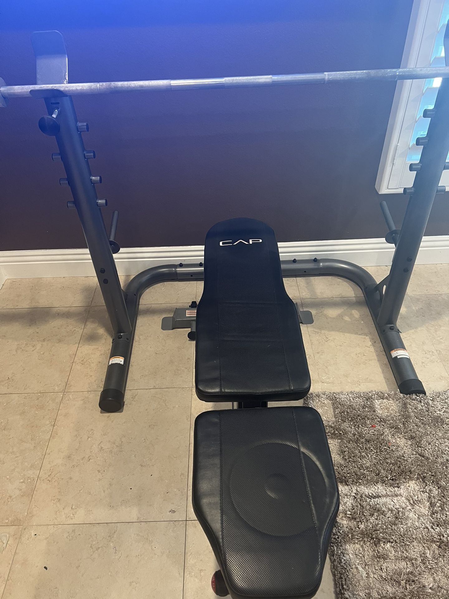 free like new weight bench and bar