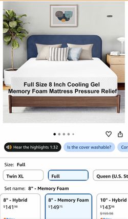Full size cooling gel memory foam mattress and bed frame